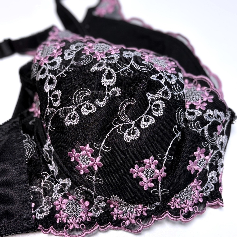 Vintage 36D Fredericks of Hollywood Bra Black Pink Floral Embroidered Underwire - Picture 5 of 6